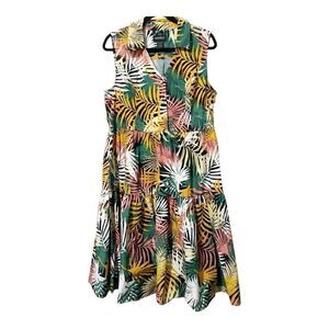 Ashro Women Sleeveless Fit And Flare Foliage Jungle Tropical Shirt Dress Size 16